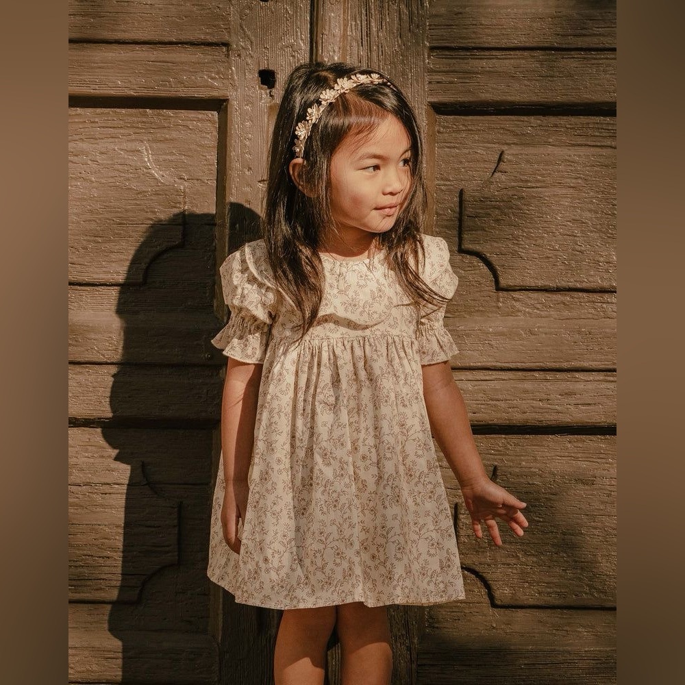 Tan and Cream Ruffled Tiered Sundress with Puff Sleeves